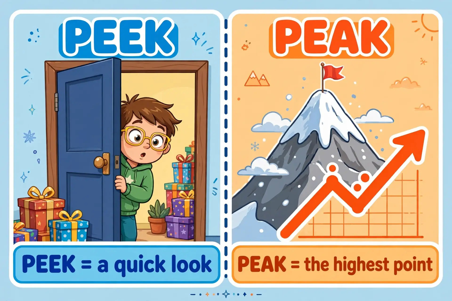 Peek versus peak meanings contrast illustration