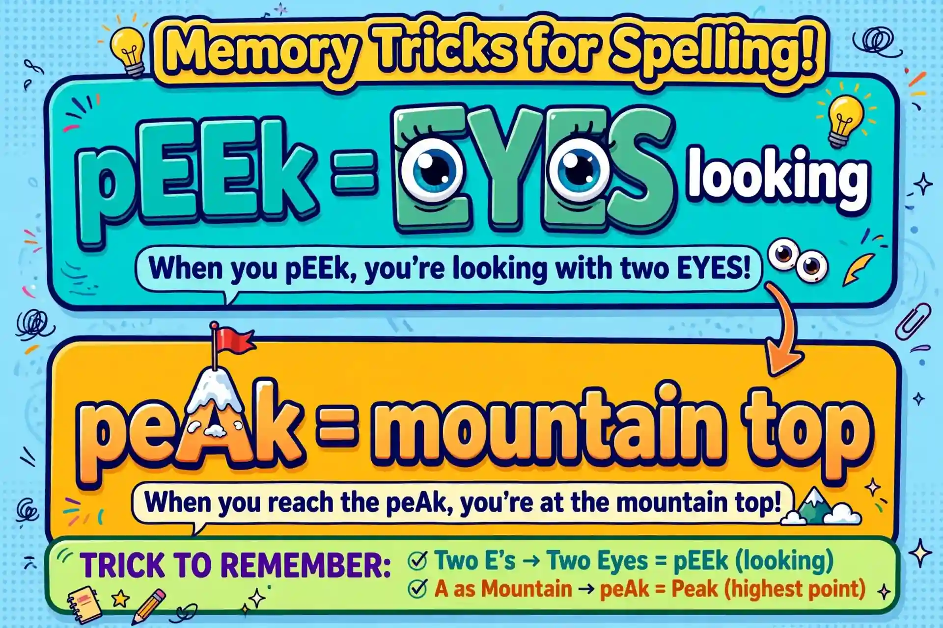 Memory trick graphic: peek has two eyes, peak has a mountain top