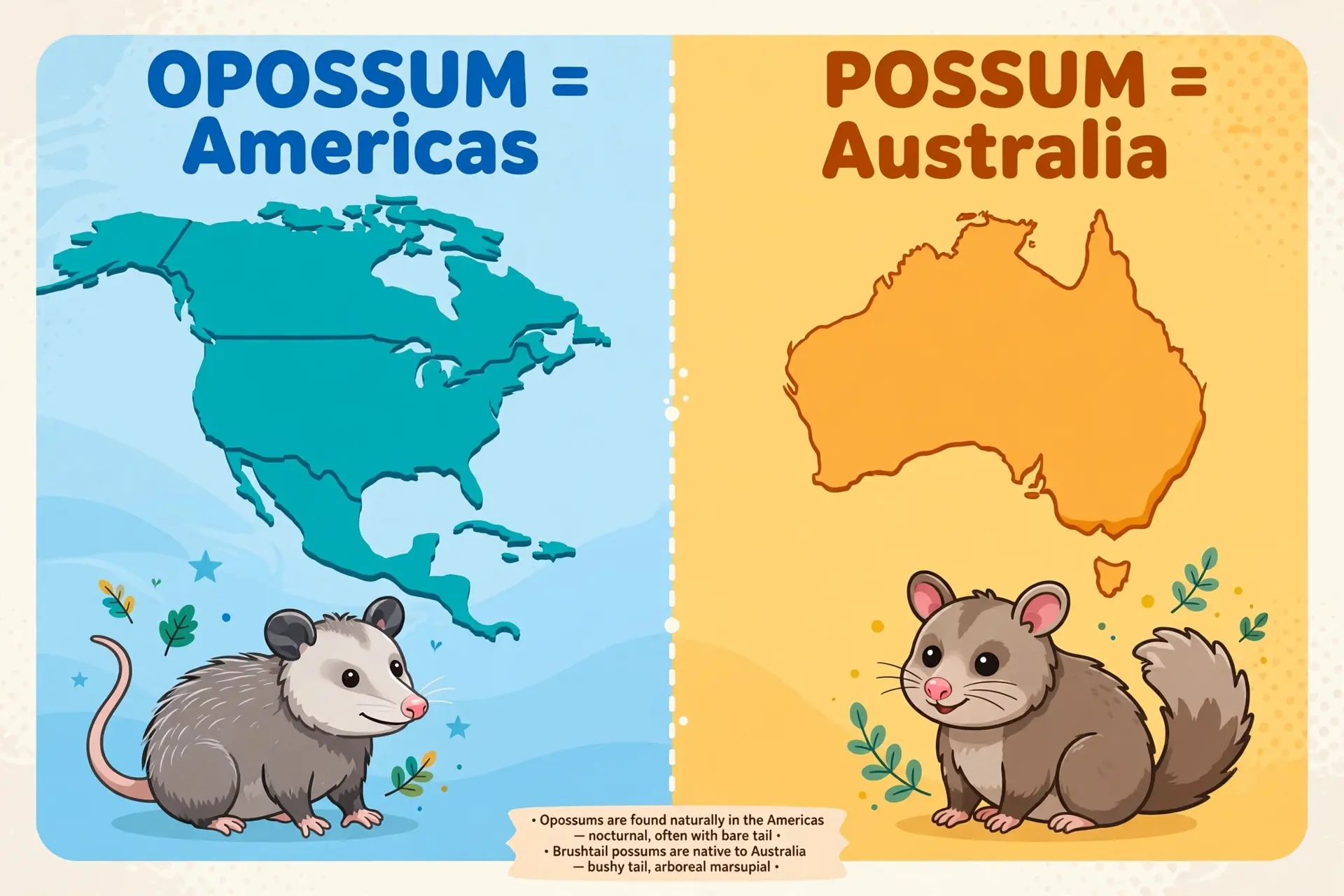 Map showing opossums live in North America and possums live in Australia