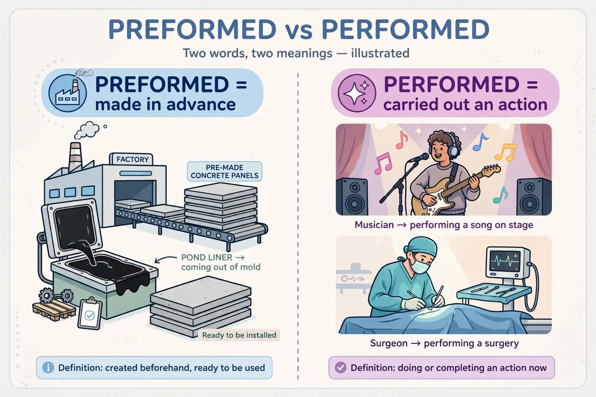Preformed vs performed meaning comparison illustration