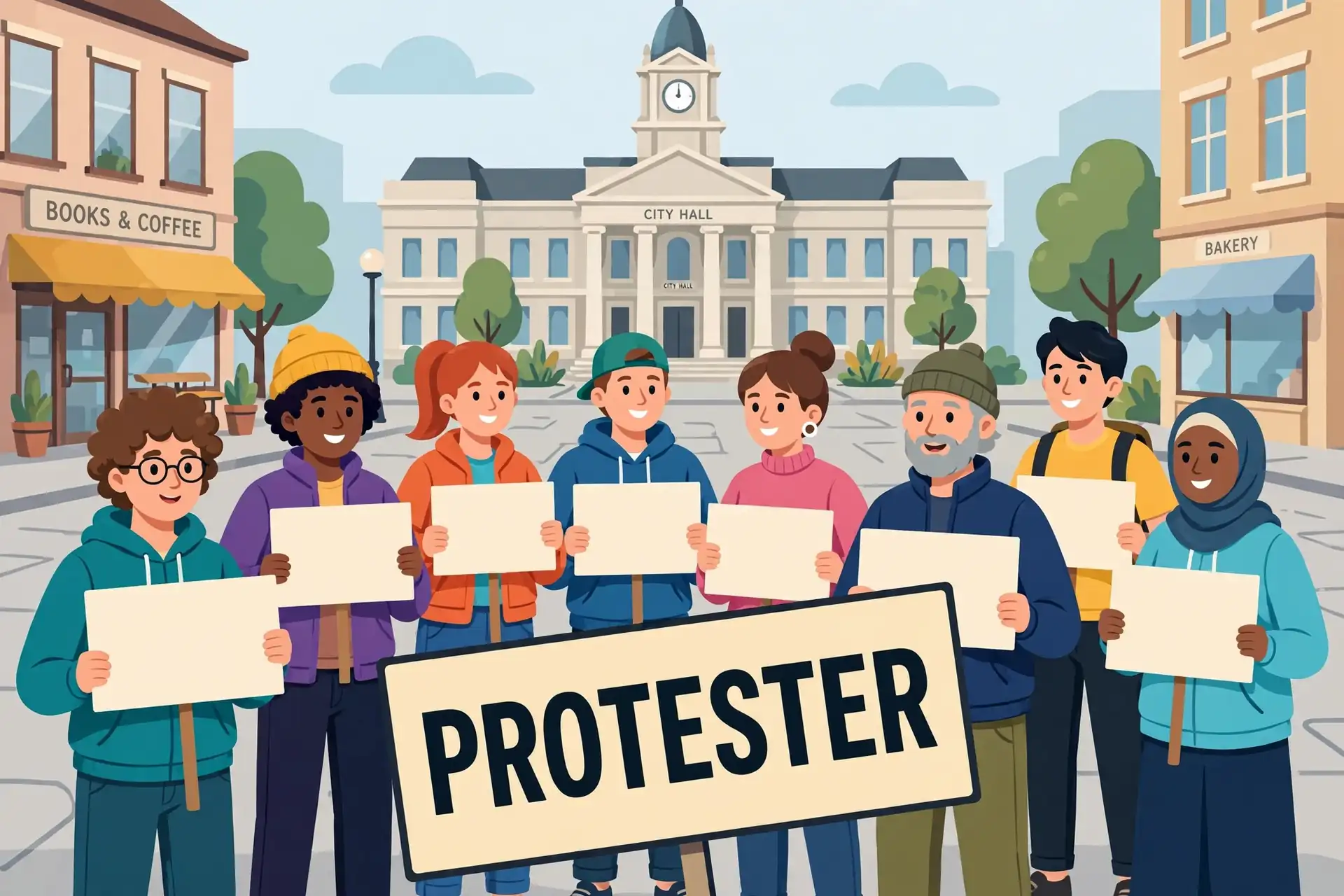 Protesters at a rally — educational illustration of the word's meaning