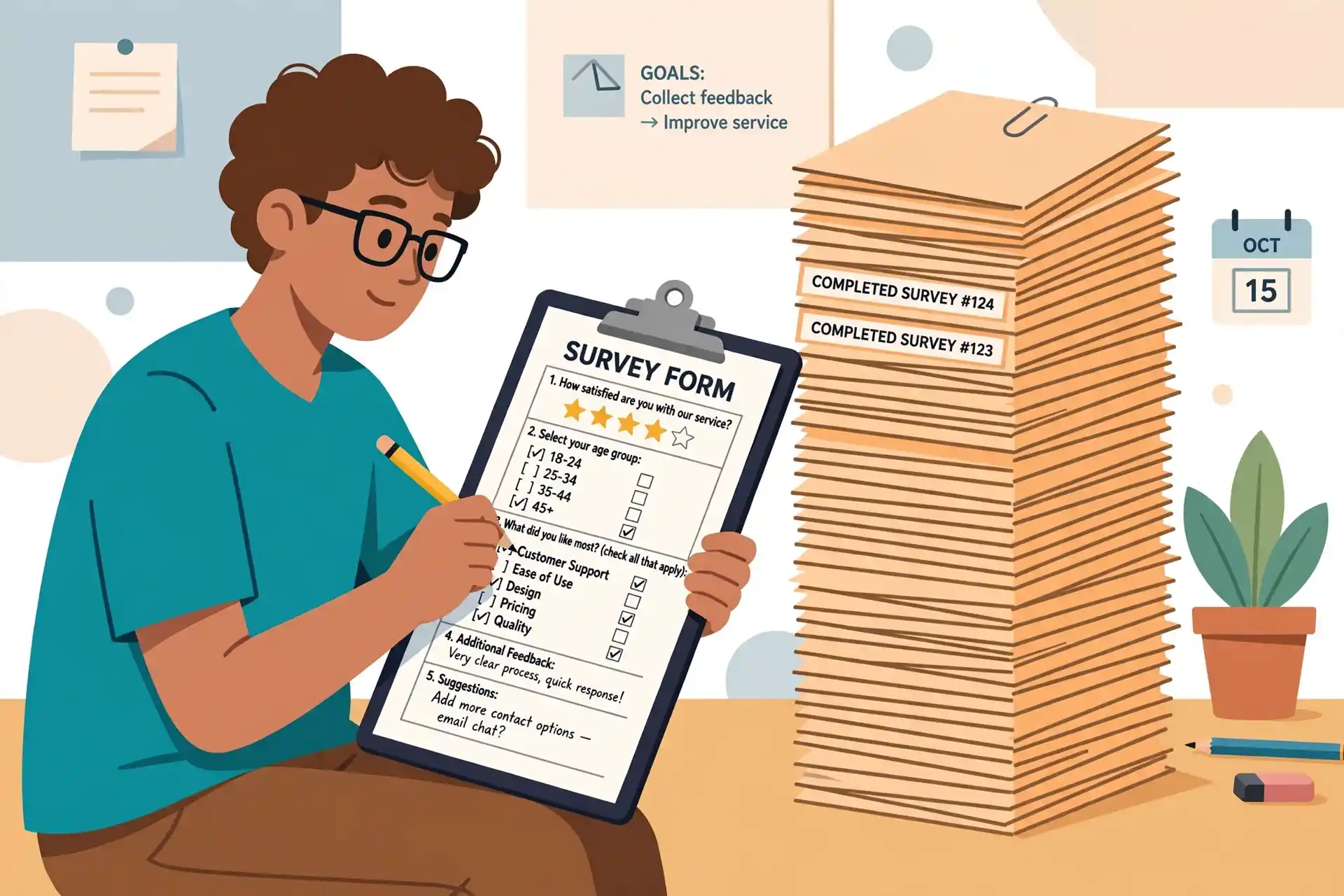 Illustration of a person filling out a long survey questionnaire form