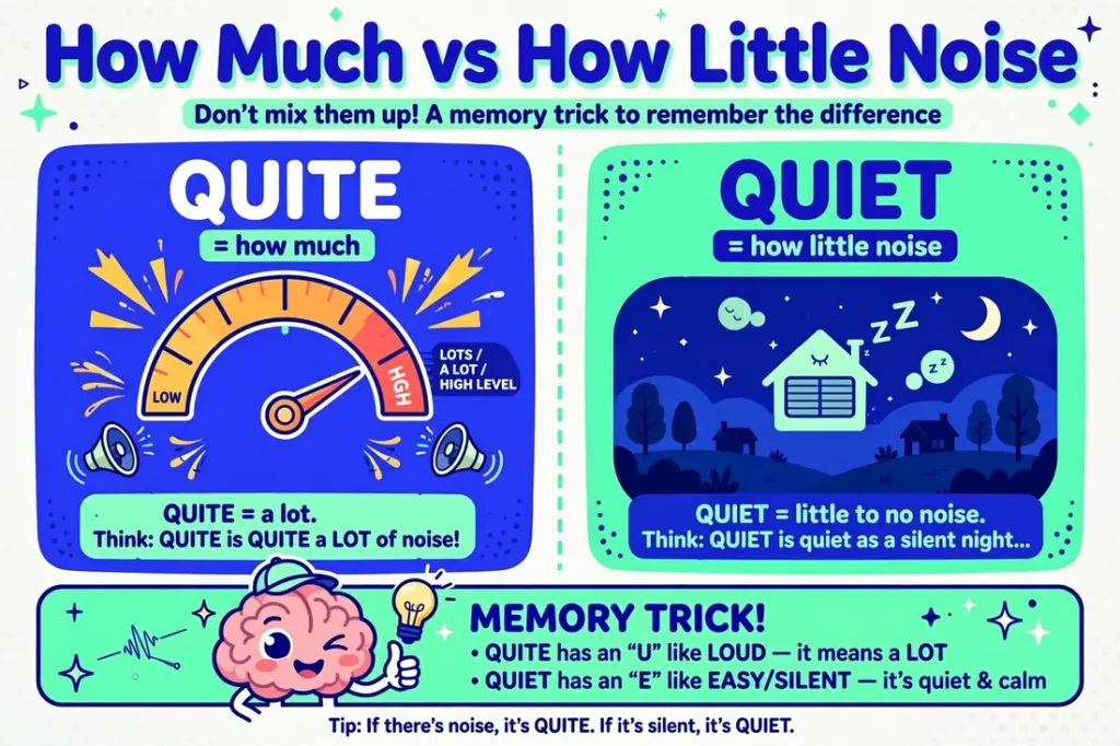 Memory trick: quite means how much, quiet means how little noise