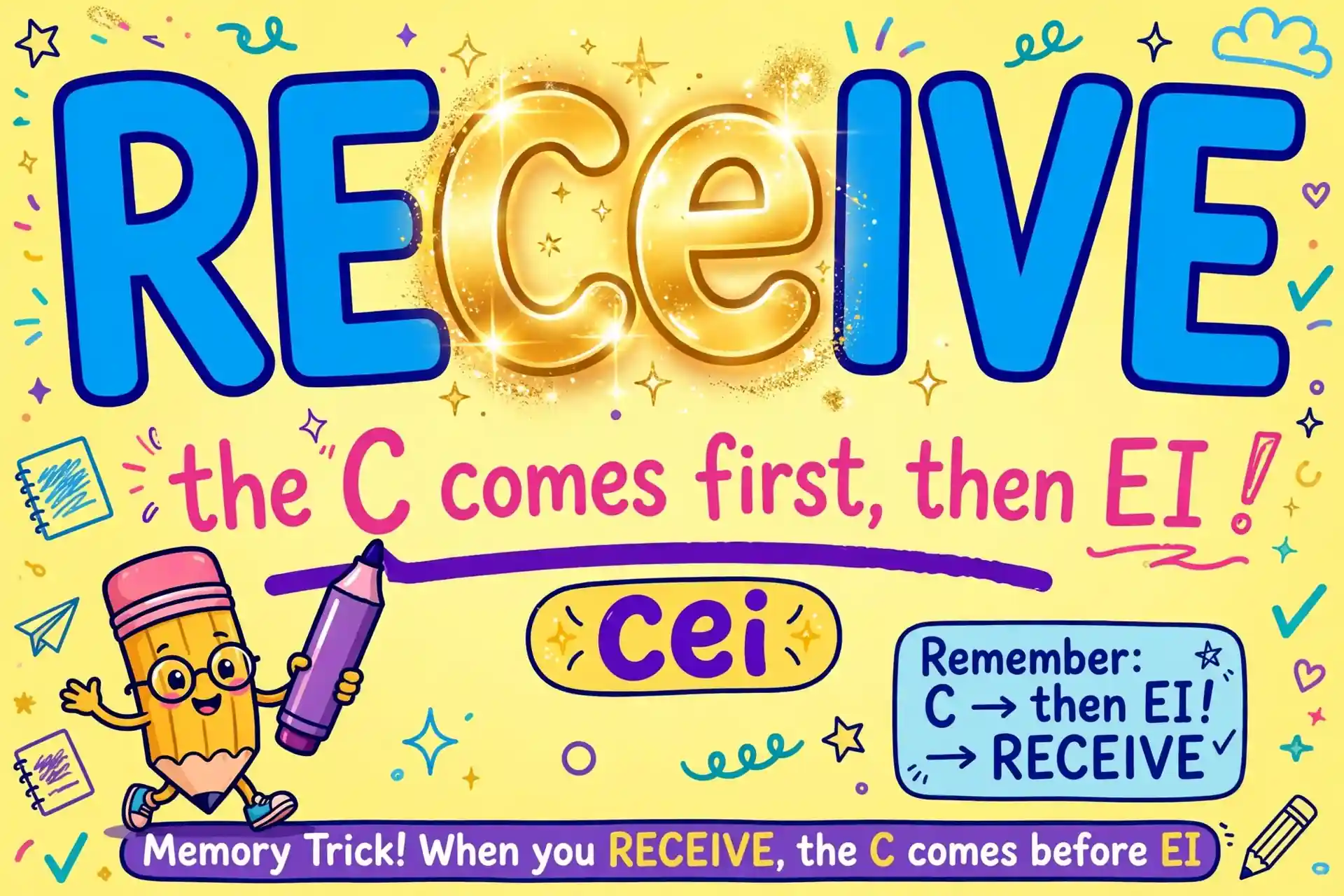 Memory trick graphic for receive spelling with cei letters