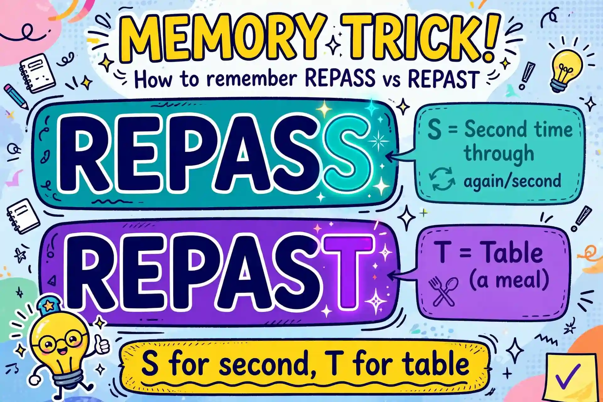 Memory trick graphic for repass versus repast spelling