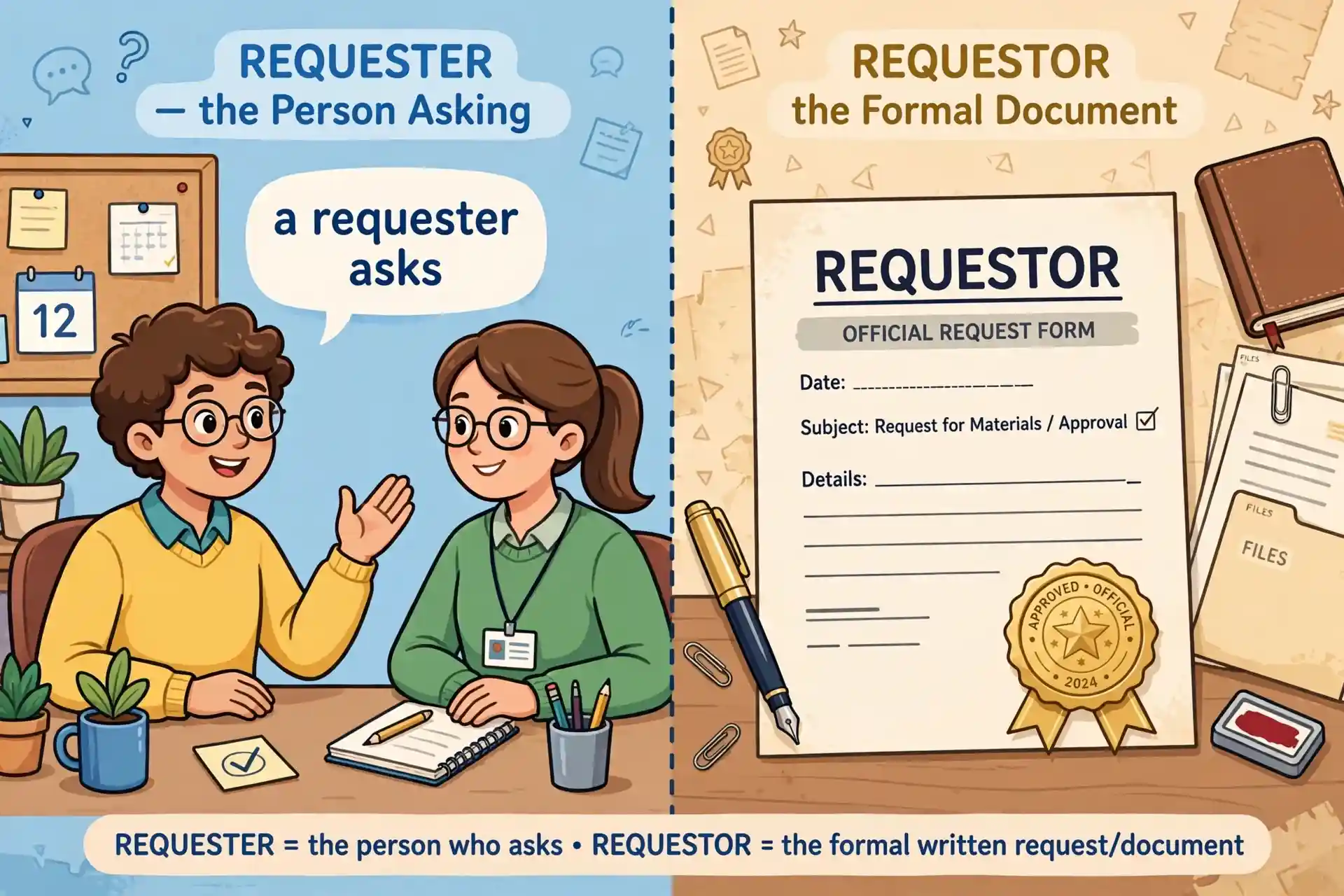 A requester politely asking a colleague in an office versus a formal document labeled requestor with an official seal