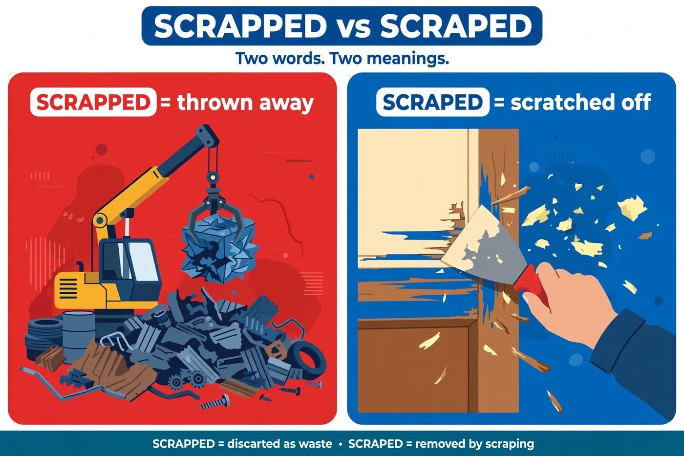 Scrapped means thrown away; scraped means scratched or gathered with effort