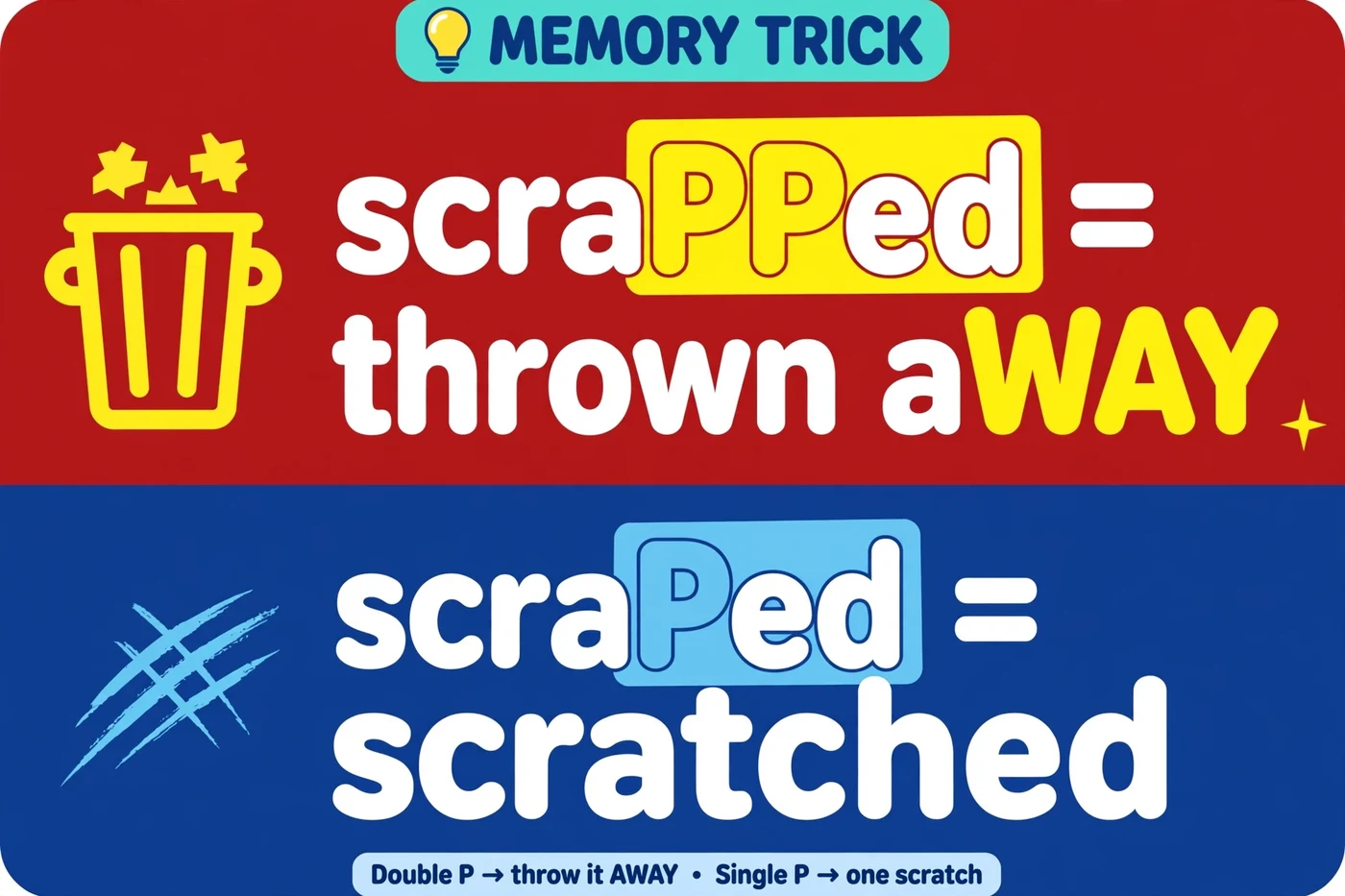 Memory trick: double P in scrapped for thrown away, single P in scraped for scratched