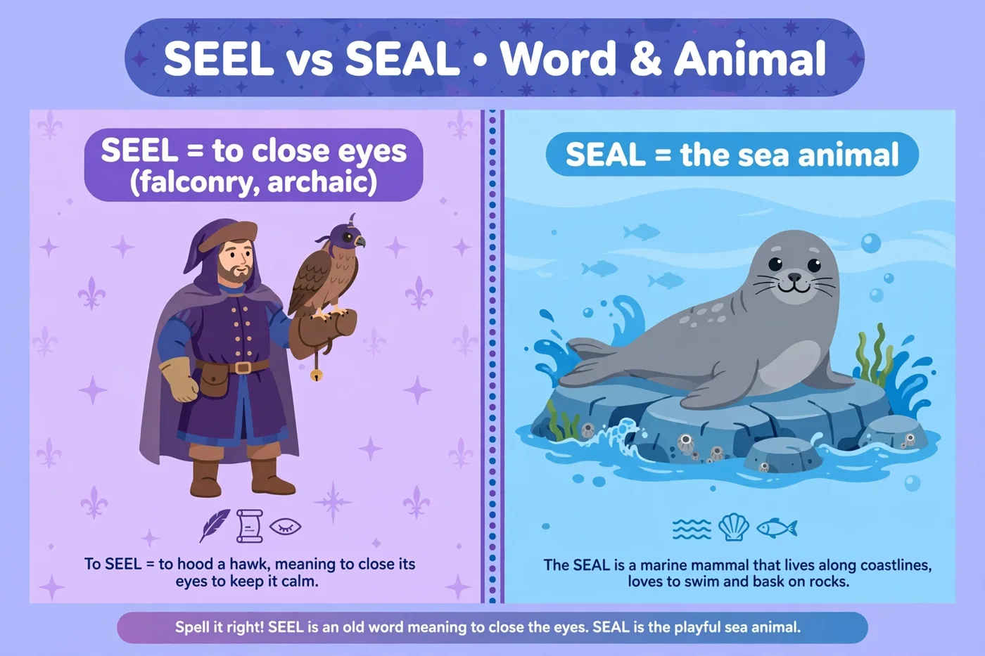 Seel is the archaic falconry verb for closing eyes; seal is the marine animal and the act of closing shut