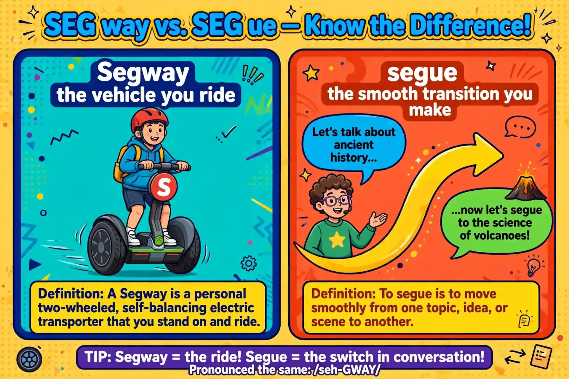 Segway transporter and segue transition meaning illustration