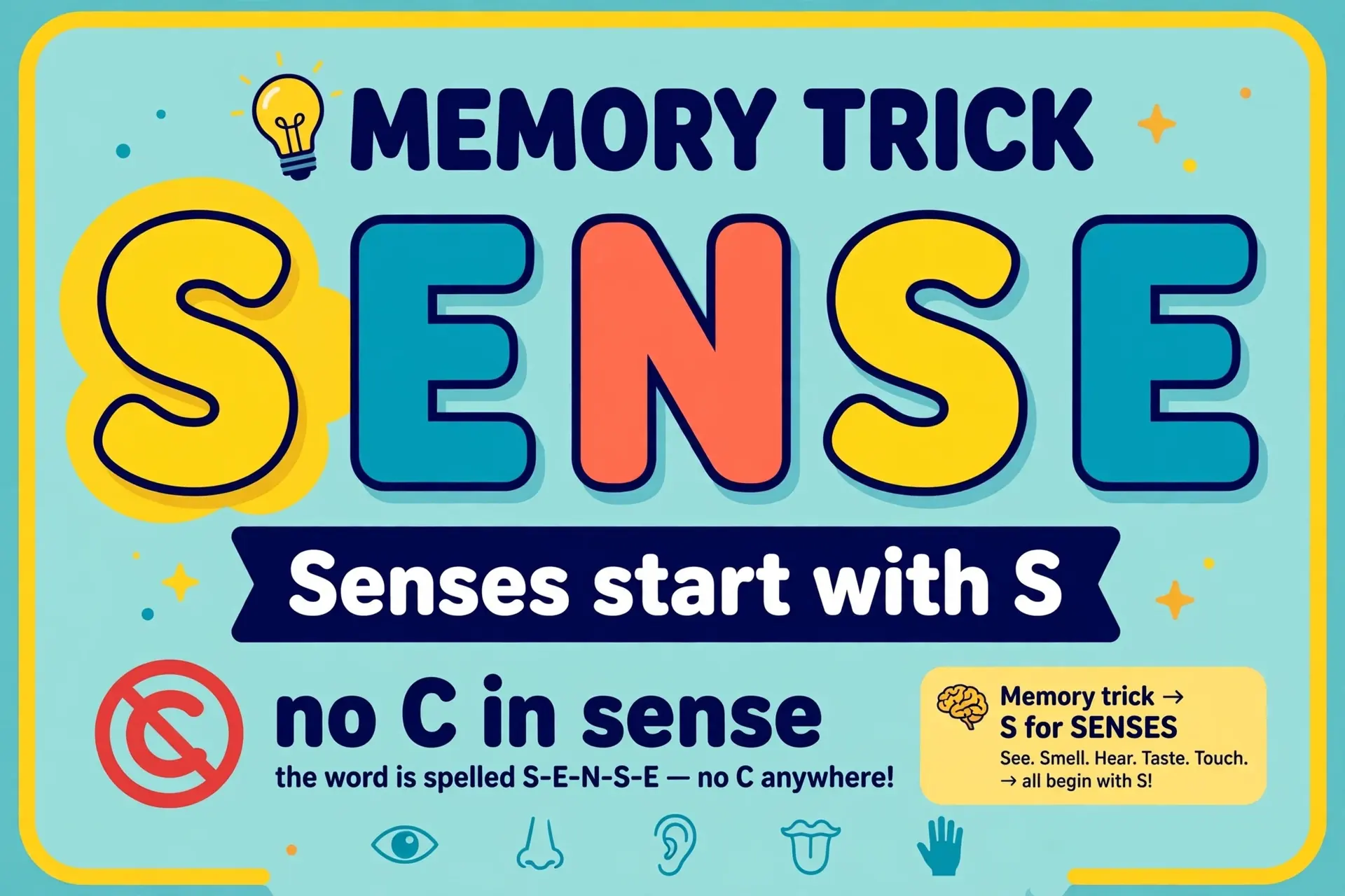 Memory trick: senses start with S — spell it S-E-N-S-E