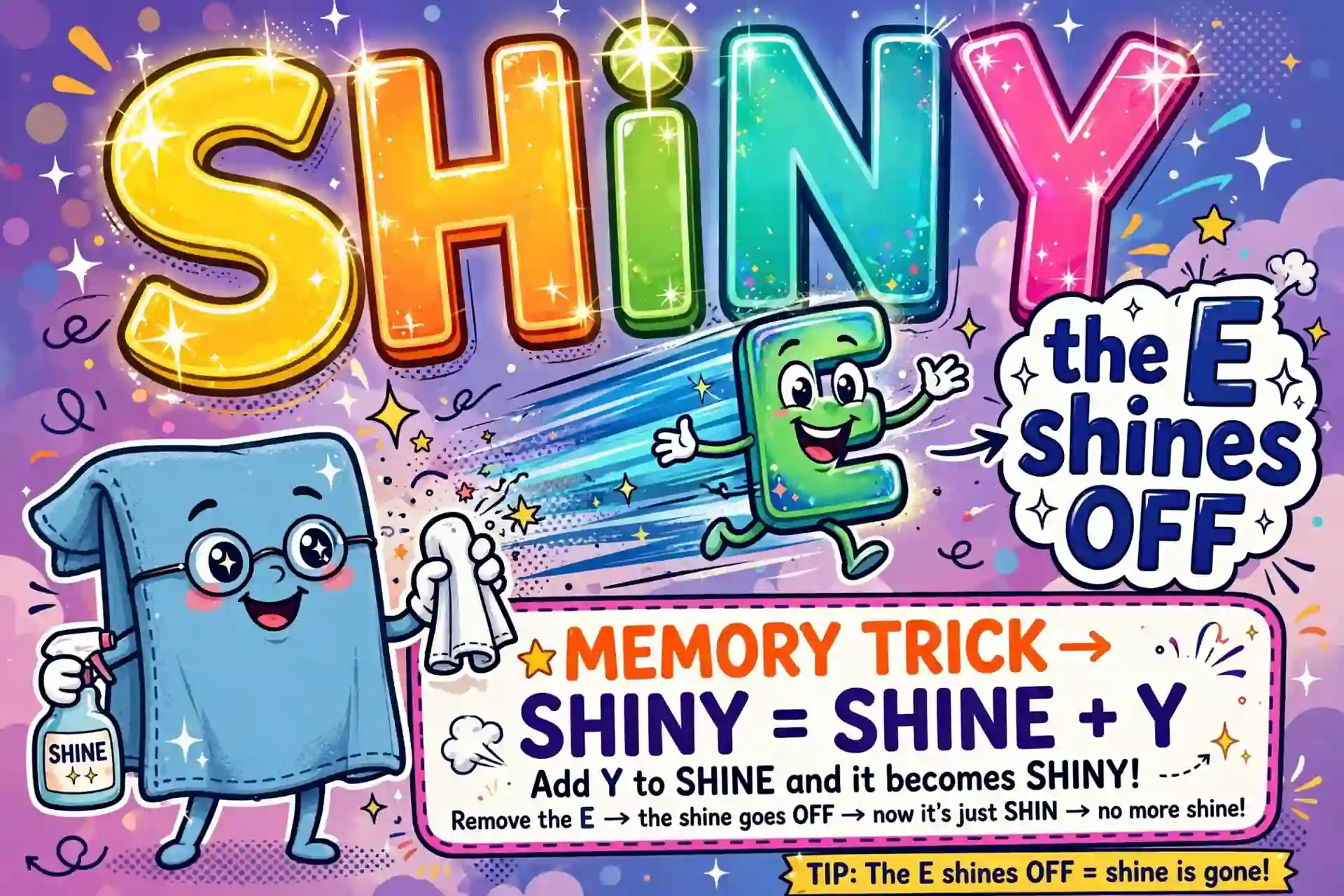 Memory trick: the E shines off, leaving shiny