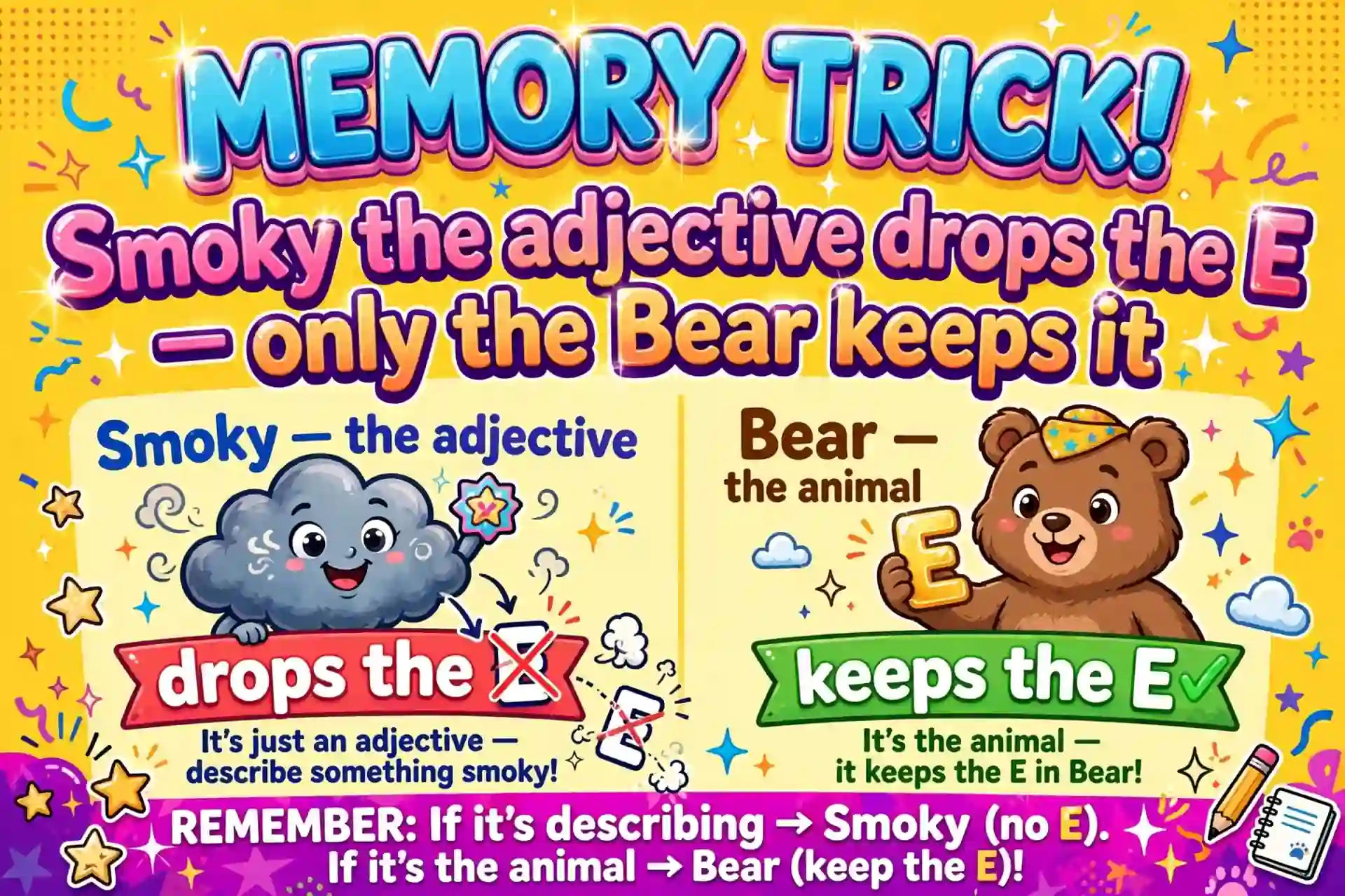 Memory trick: smoky the adjective drops the E, only the Bear keeps it
