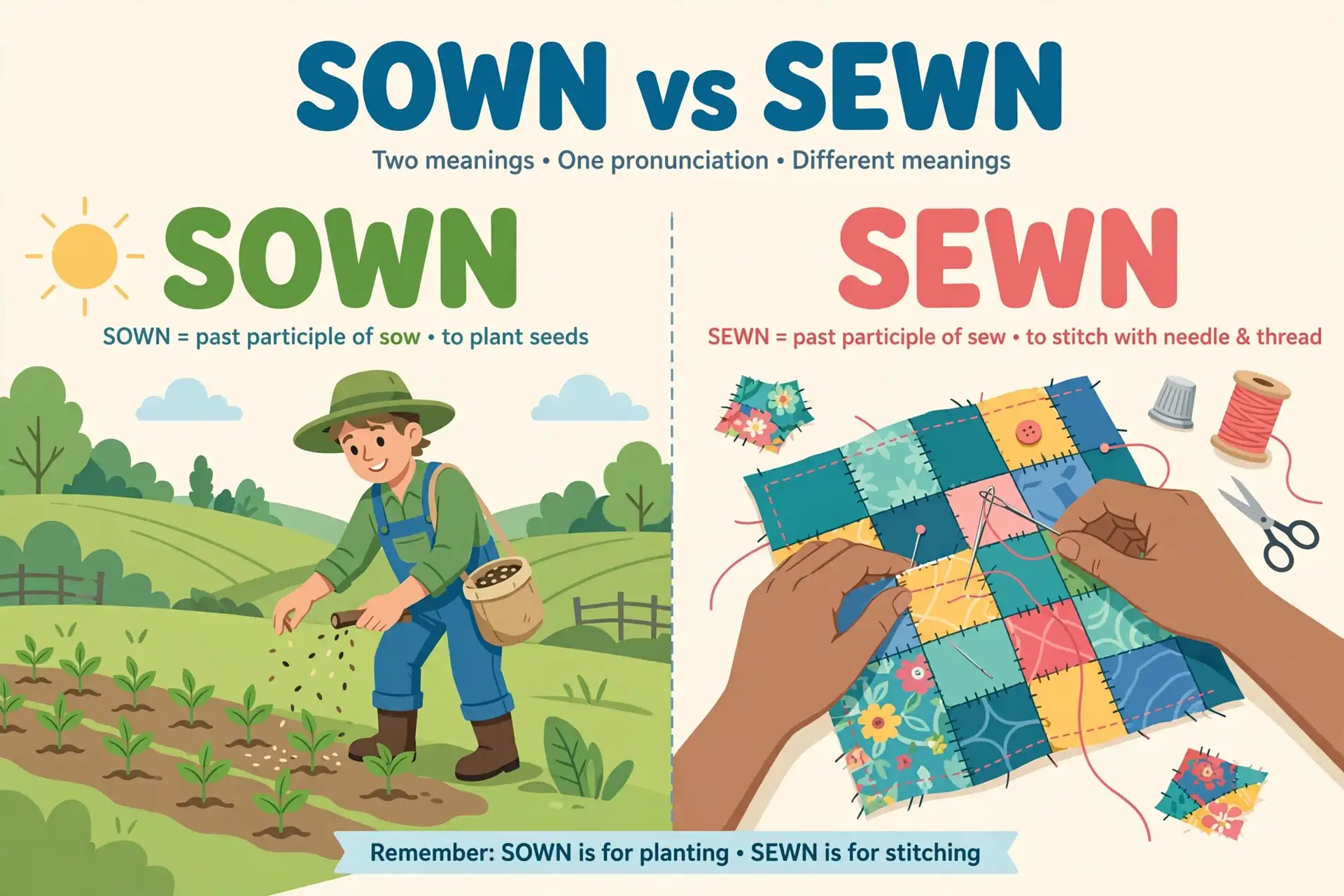 Sown vs sewn meaning comparison illustration