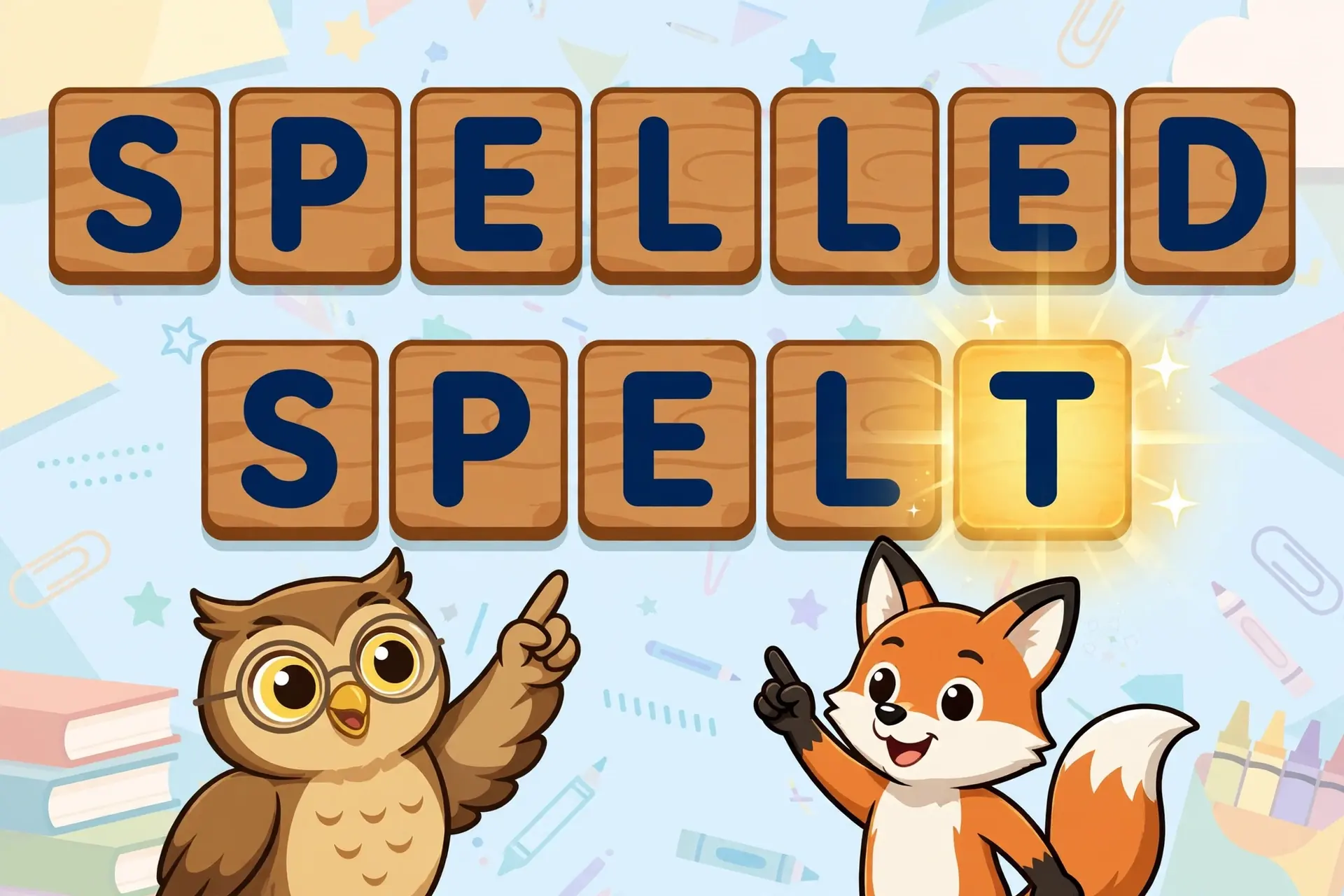Letter tiles showing S-P-E-L-L-E-D vs S-P-E-L-T side by side