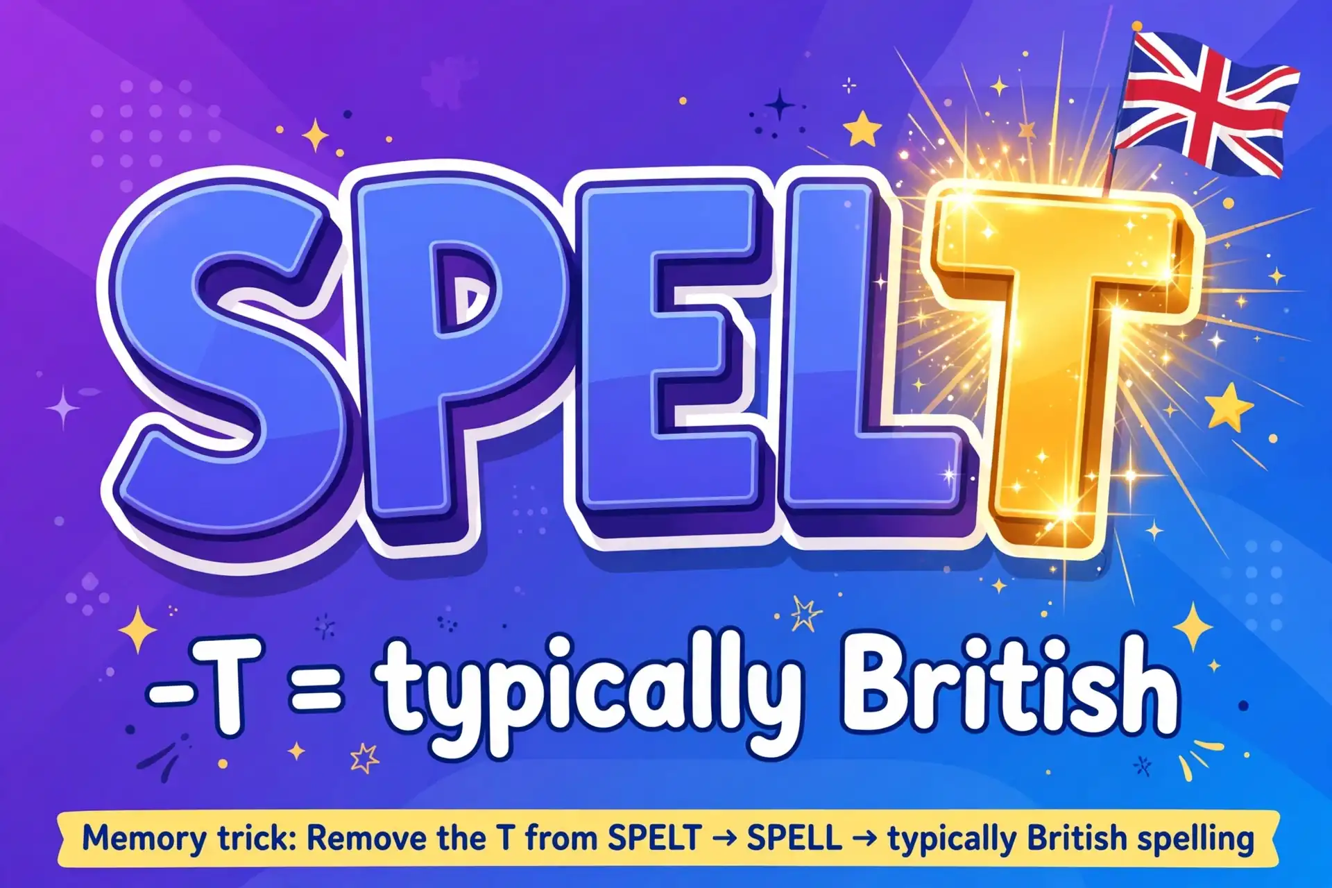 Memory trick graphic: big SPELT text with glowing T and a Union Jack