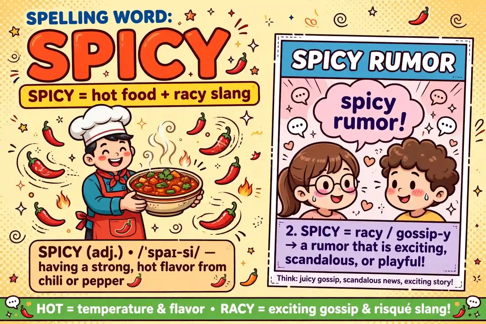 Spicy meaning illustration: hot food and slang senses