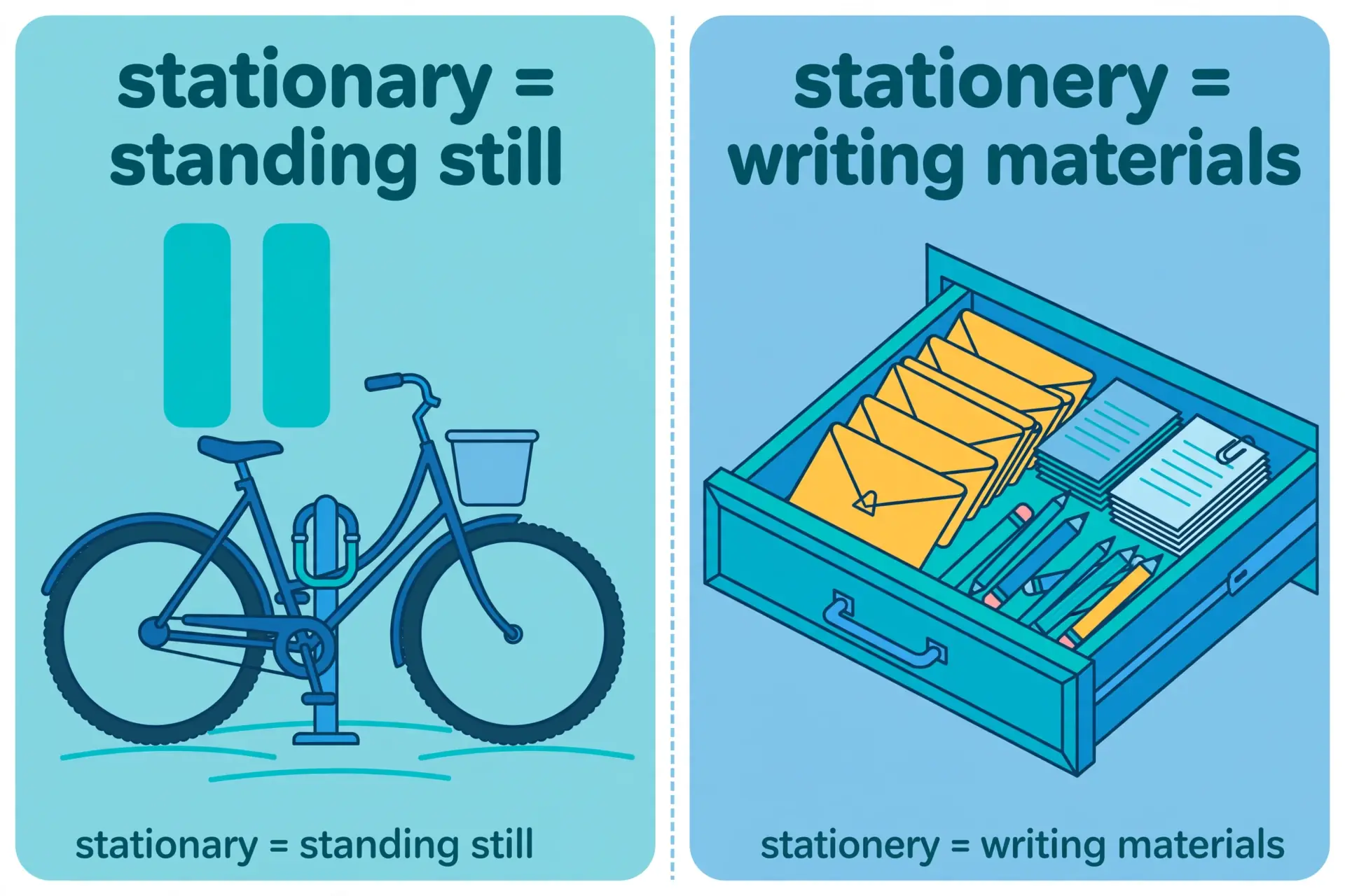 Stationary not moving vs stationery paper and envelopes illustrated with examples