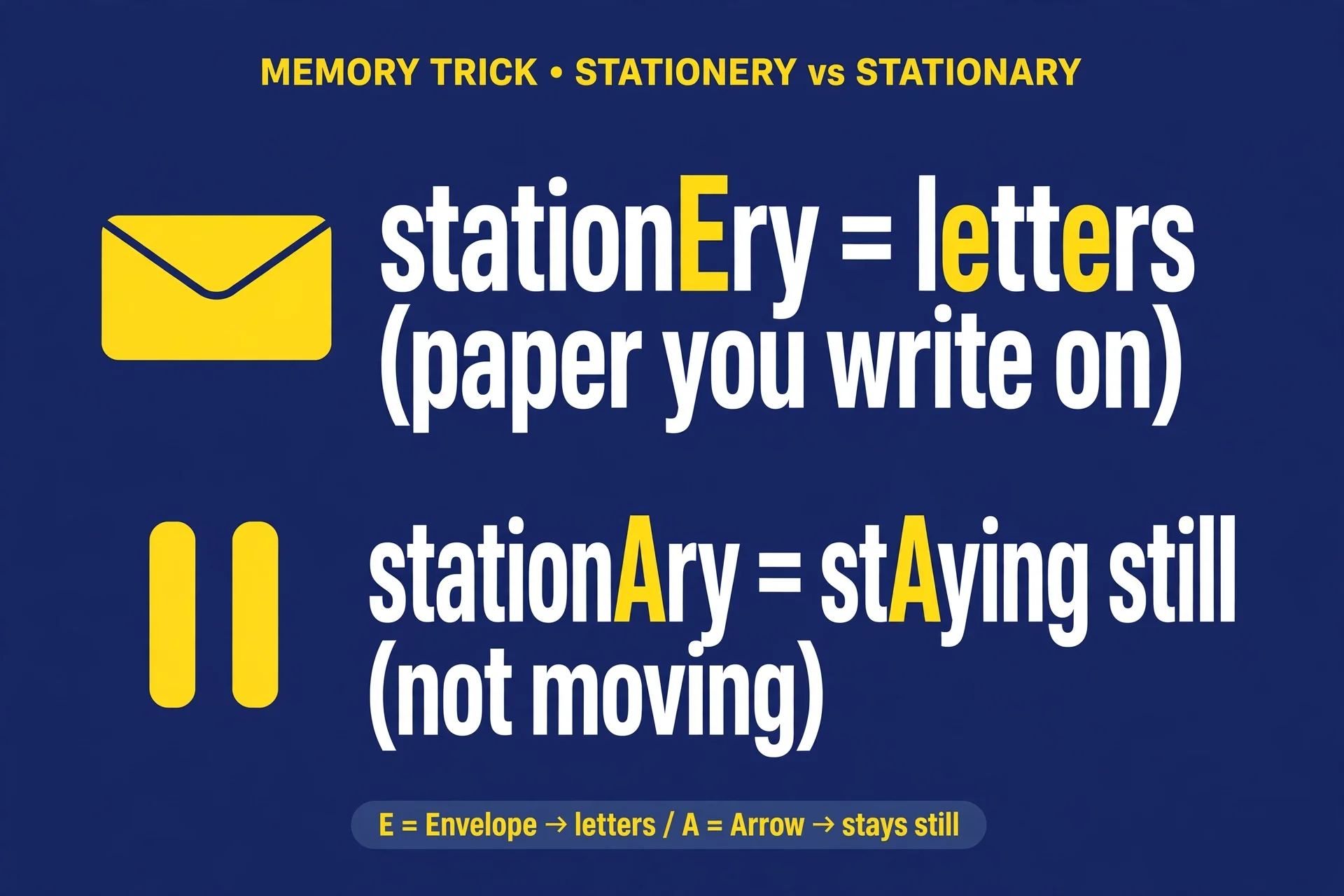 Memory trick: stationery with er spells letters, stationary with a stands still