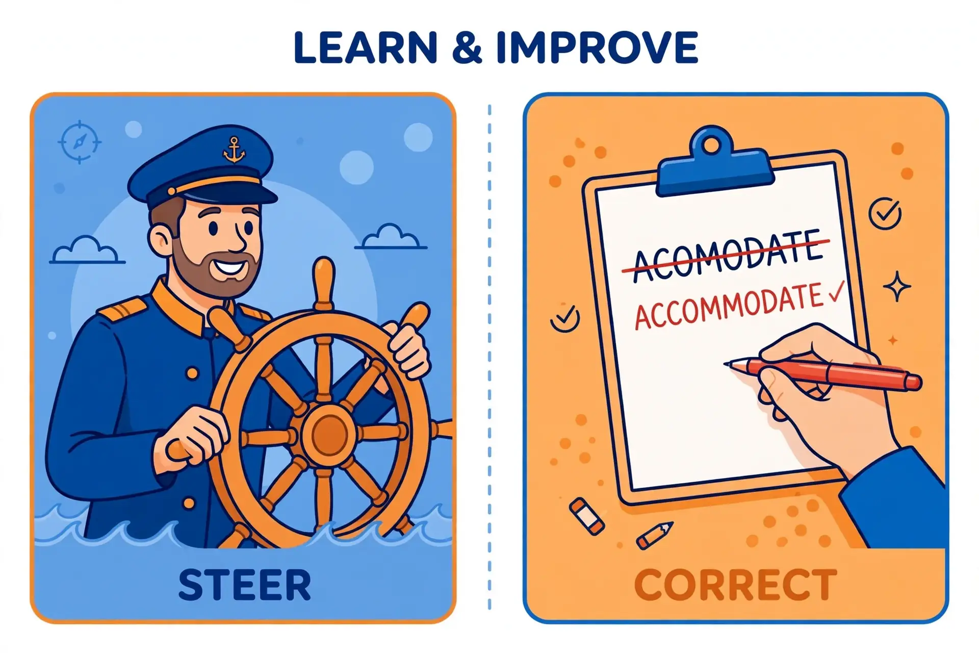 steer or stear — guiding a ship versus a misspelled word being corrected
