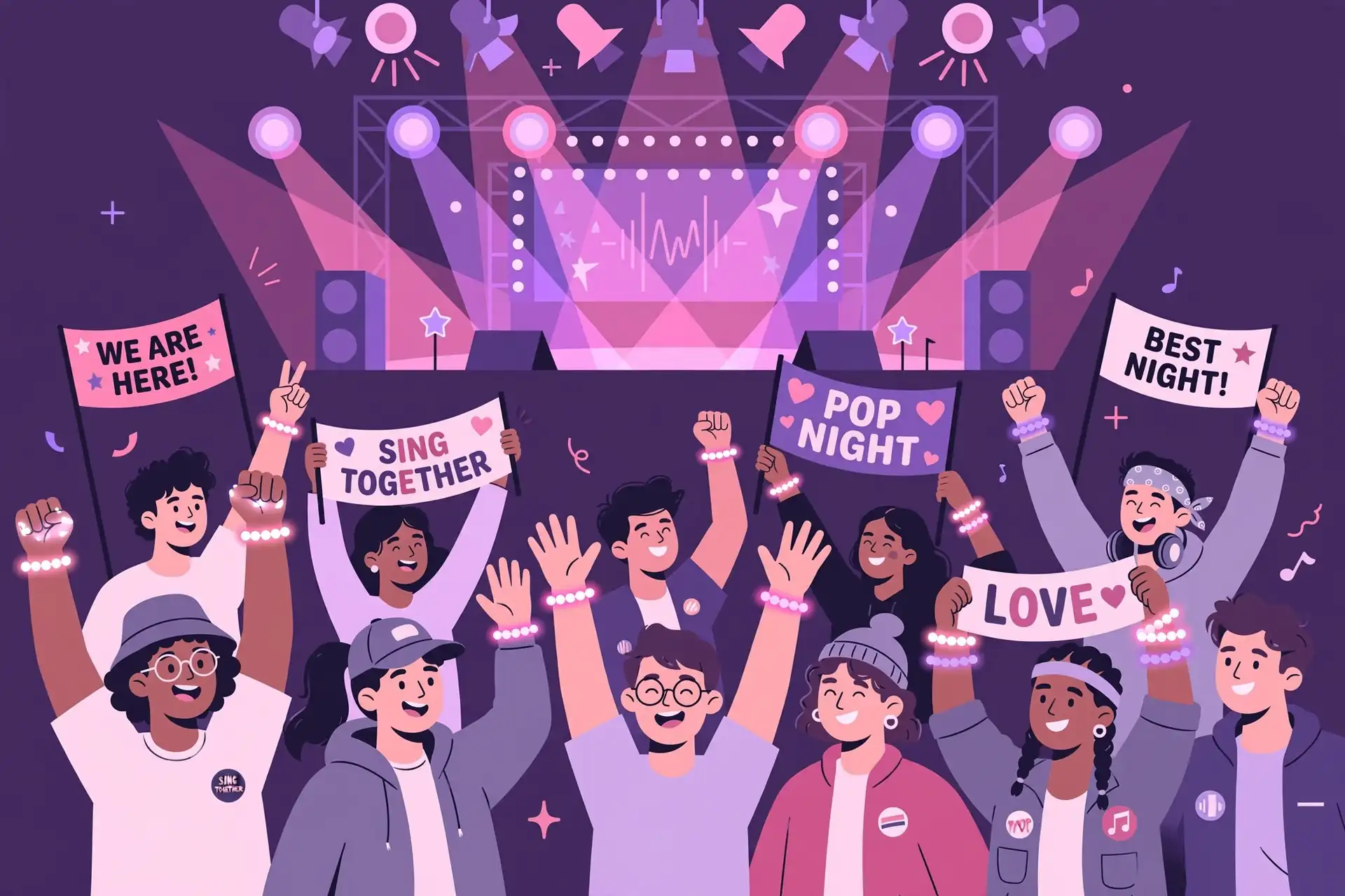 Illustration of Swiftie fans at a pop concert