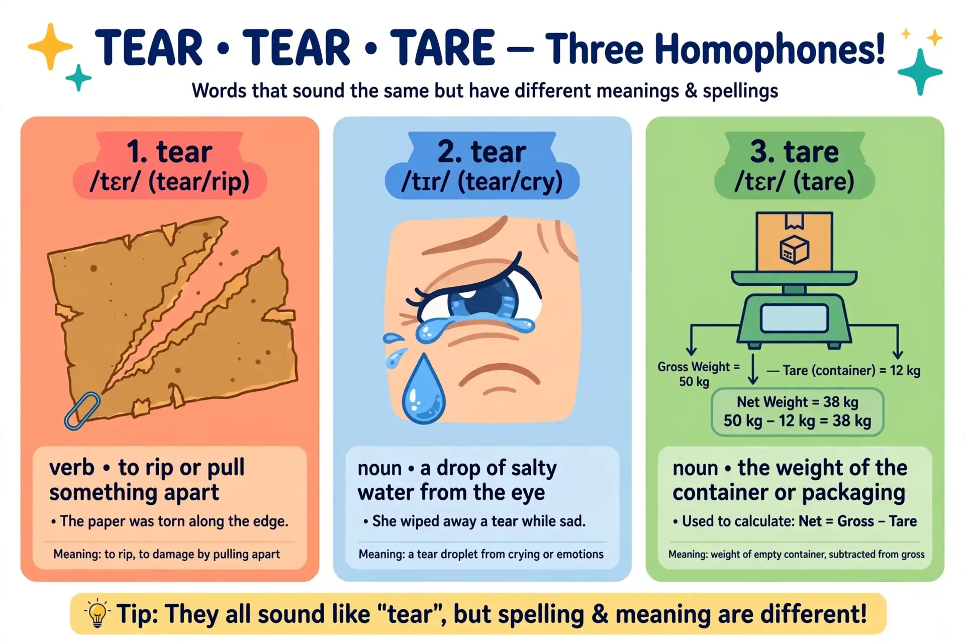 Tear means rip or a drop from the eye, tare is a weight allowance