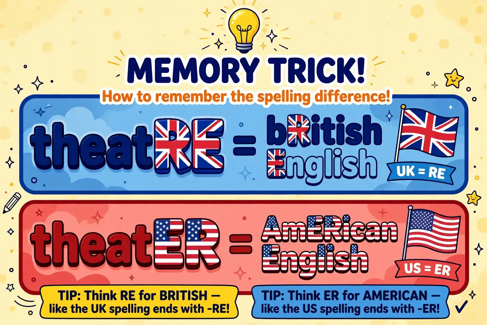 Memory trick graphic for theater vs theatre spelling