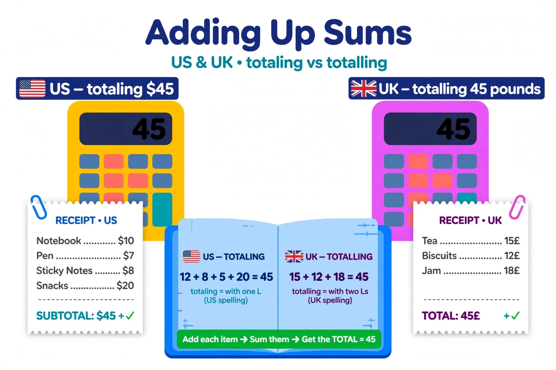 Totaling is American spelling, totalling is British spelling