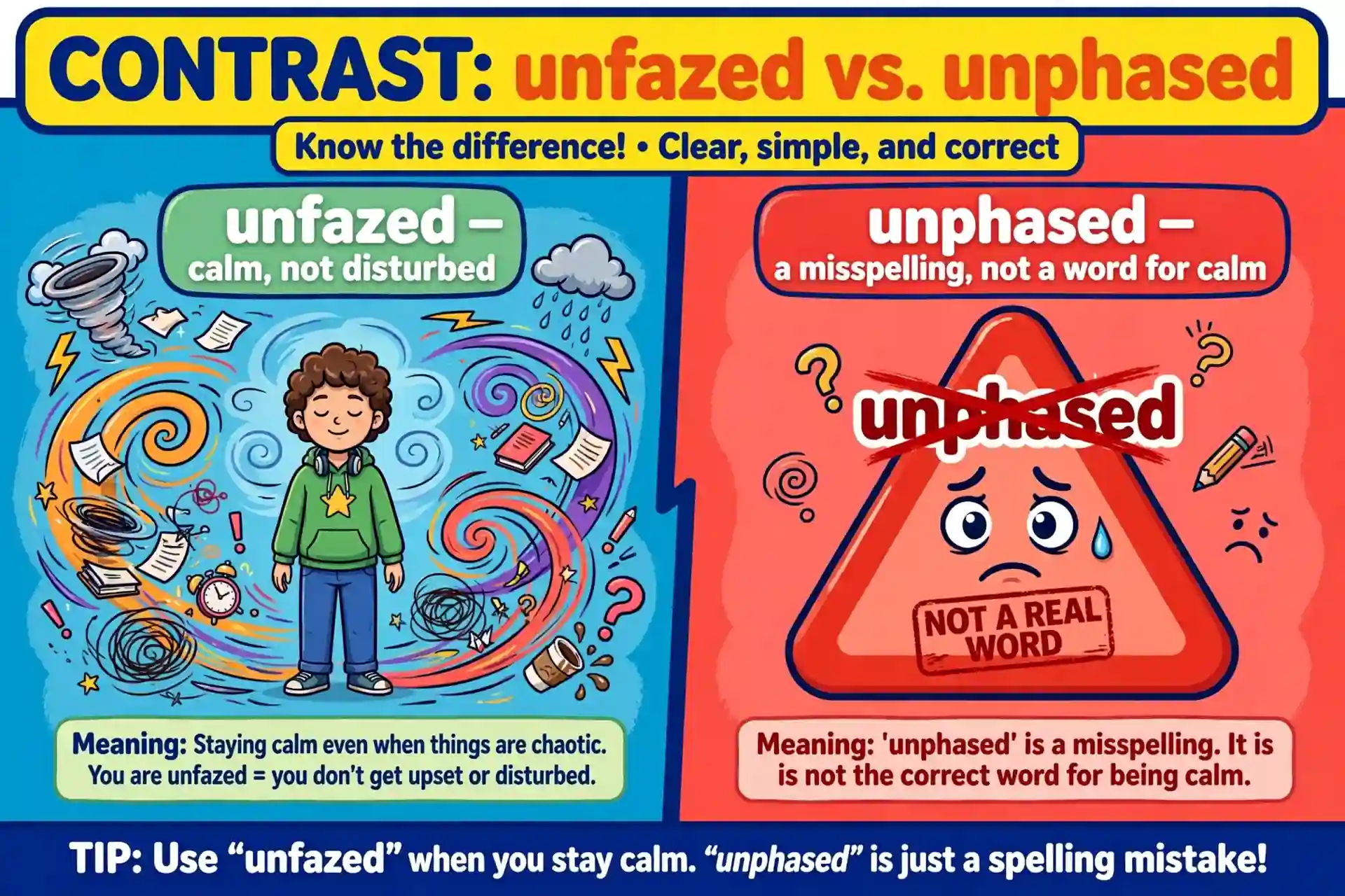 Unfazed meaning calm versus unphased misspelling illustration