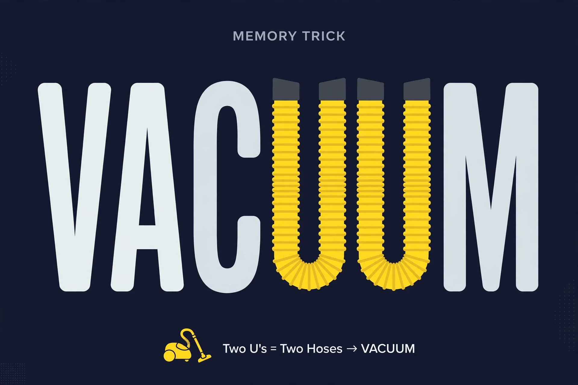 vaccum or vacuum memory trick — two u's like two vacuum hoses
