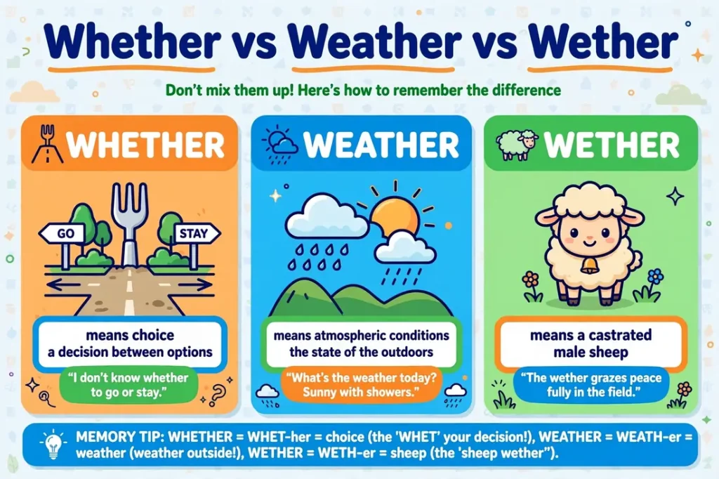 Difference between whether, weather, and wether