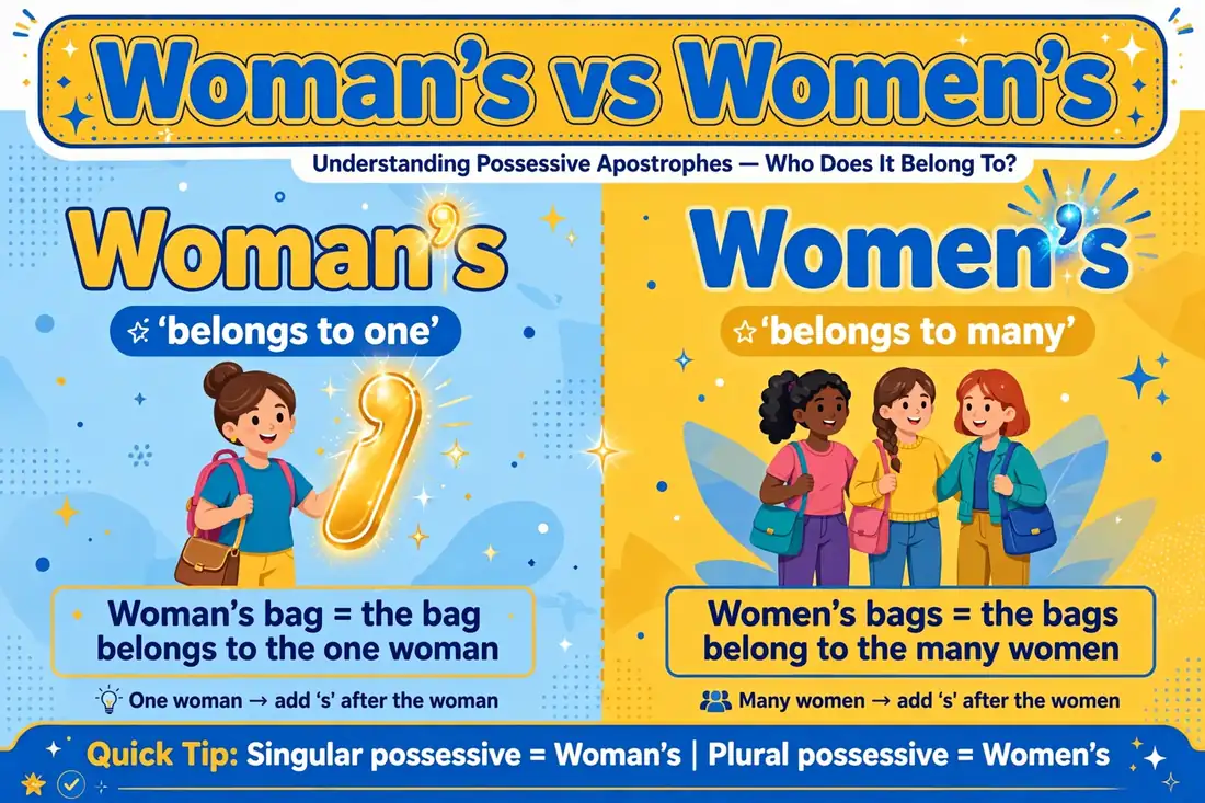 Possessive forms: woman's singular, women's plural