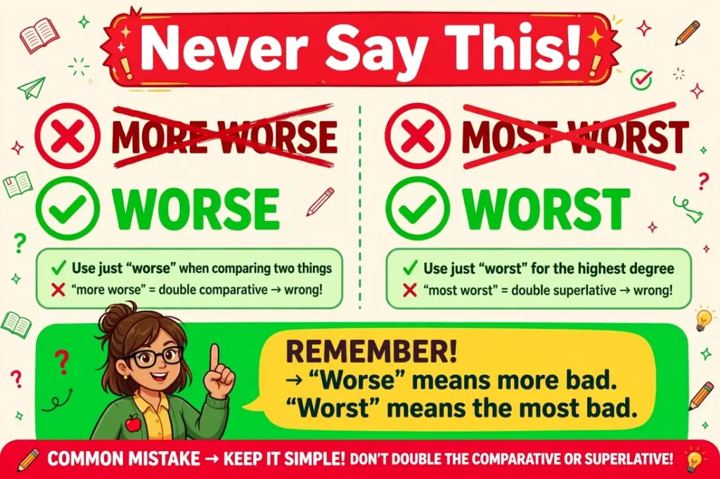 Common mistakes: never say more worse or most worst