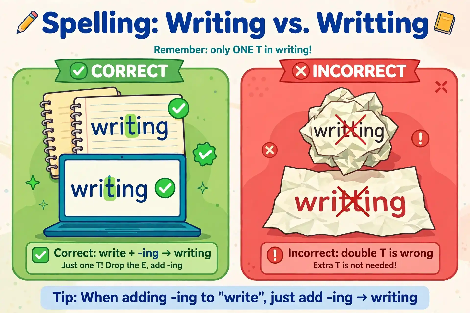 Correct spelling writing with one T shown on paper and screen, contrasted with the misspelled writting
