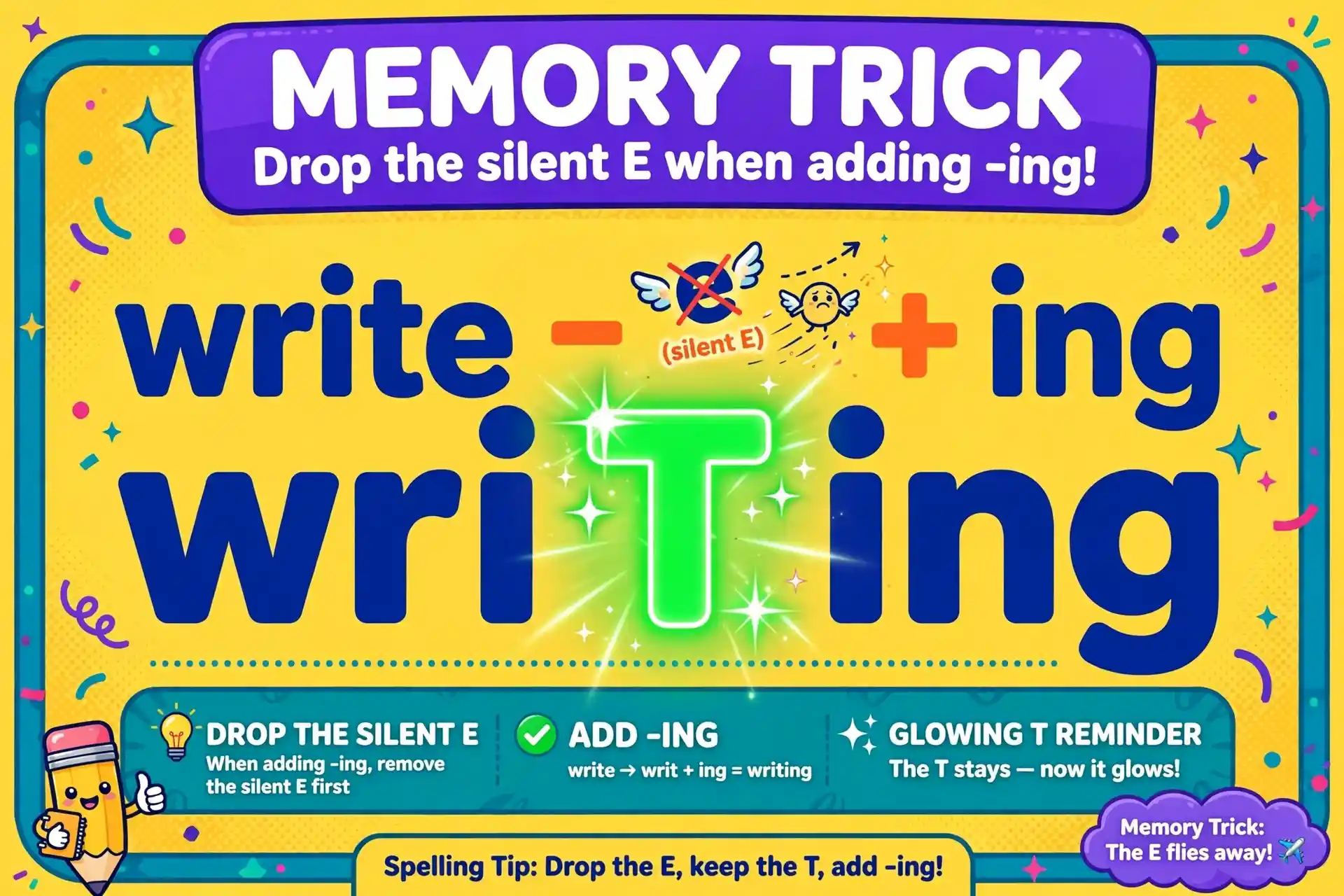 Memory trick graphic: write minus silent E plus ing equals writing with a single bold T